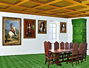 Мешкальна світлиця гетьманської резиденції з підлогою, викладеною керамічними плитками, вкритими зеленою ґлязурою.